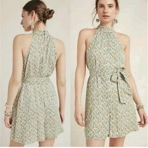 Anthropologie Maddie Halter High Neck Romper L Green Palm Leaf Print -138
